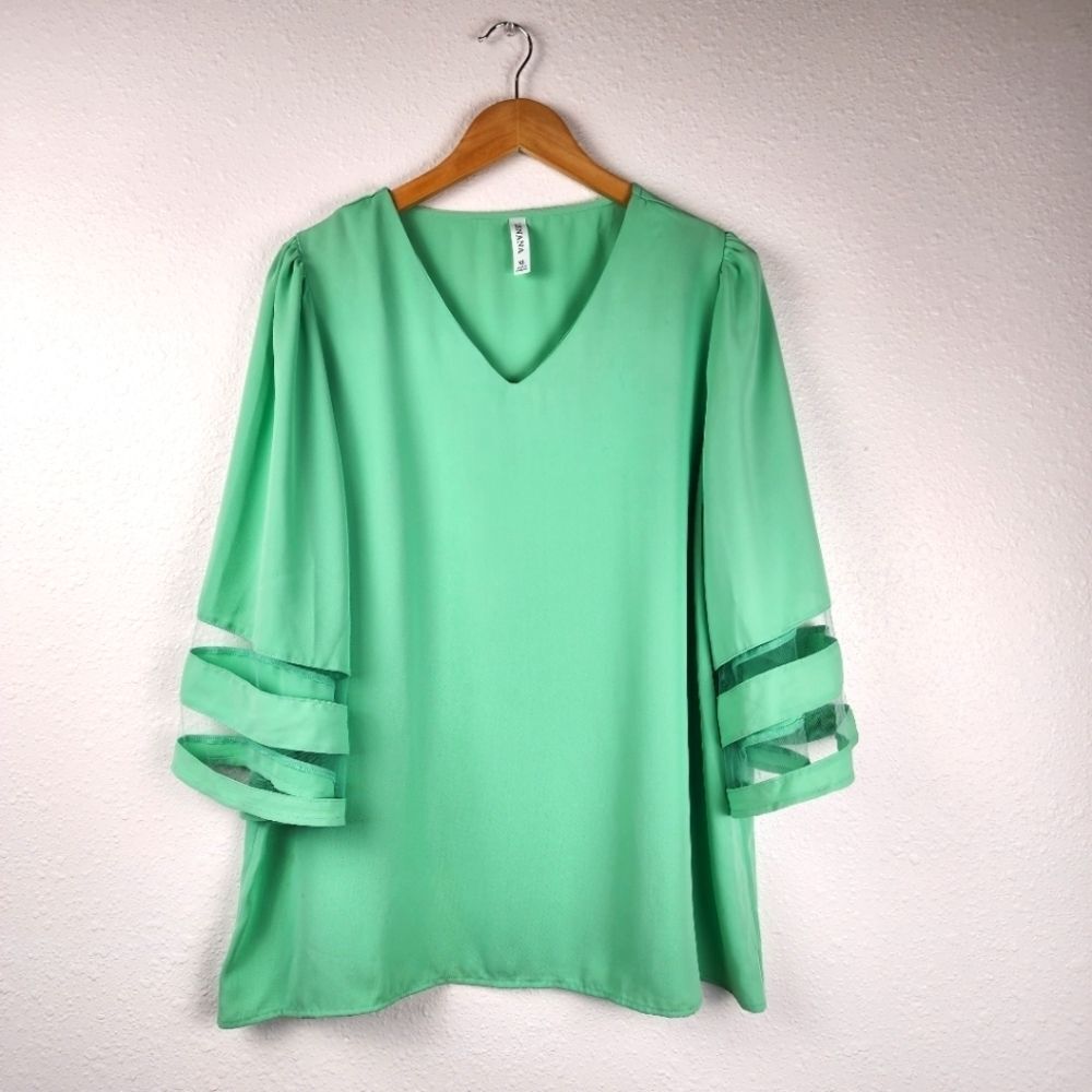 Zenana Mint Green Jersey-Look V Neck 3/4 Sleeve Blouse Top Size XL